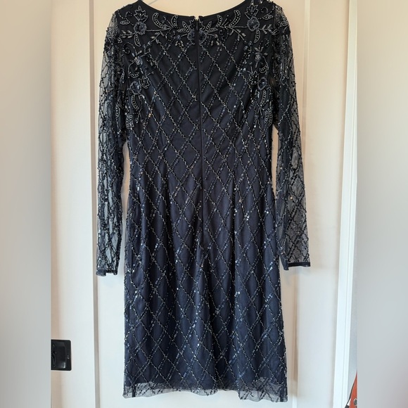 Adrianna Papell Women's Blue Embellished Boat Neck Sheath Dress - Picture 4 of 6